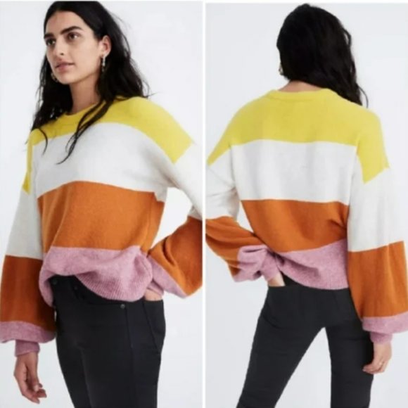 Madewell Colorblock Striped Gladwell Balloon Sleeve Pullover Alpaca Sweater XXS - Picture 2 of 9
